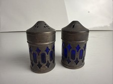 Vintage Silver tone Salt & Pepper Shakers with Cobalt Blue Glass Inserts picture