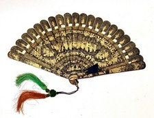 Fine antique mid 19th century Chinese gilt & black lacquer brise fan picture