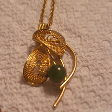 Gold Tone Filigree Teardrop Charm Pendant Necklace, Green Round Stone picture