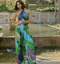 Zara Women’s XS Tropical Halter Wide-Leg Jumpsuit Green Purple Blue picture