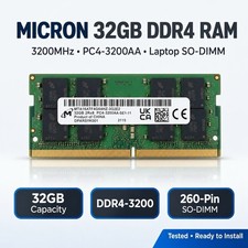 MICRON 32GB DDR4 LAPTOP RAM, MTA16ATF4G64HZ-3G2E2  3200Mhz SODIMM / Pulled•Test picture