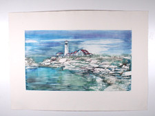 Lighthouse Seascape Colored Etching Large Signed Barbara Domroe picture