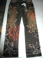 Smoke Rise Mens Gothic Grunge Flame Deconstructed Jeans Y2K Streetwear Size 38 picture