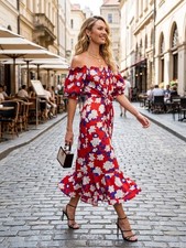 Saloni Red Floral Silk Dress Off Shoulder Midi Ruffle Size US 2 UK 6 XS $650 picture