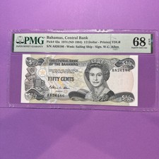 Rare High Grade Bahamas, Central Bank pic 42a 1974 $1/2 Superb Gem UNC 68 EPQ picture