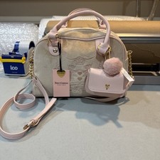 New Juicy Couture Y2K Bowler Pink Beige Scottie Dog Embroidered Bag Gold Satchel picture