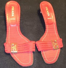 Vintage PRADA Red Canvas Jacquard Logo Plate Kitten Heel Mule Sandals 41 picture