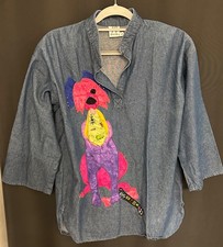 VTG Alfredo's Wife Wearable Art Whimsical Dog Applique Denim Tunic SZ S OOAK picture
