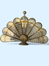 Vintage Brass Peacock Style Folding  Fireplace Screen Clam Shell Base and Finial picture