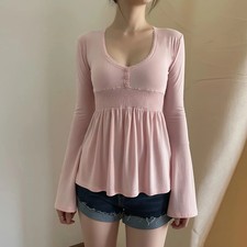 Y2K Bell Sleeve Babydoll Top Women’s Lace Trim Peplum Long Sleeve Shirt picture