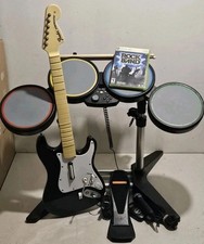 Xbox 360 Rock Band Drum Set Wired BUNDLE w/ Guitar, Game, Microphone Tested Lot picture