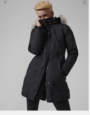 Athleta Outbound Parka Down Filled Rainout Sz M black Fur Trim Hood Knee length picture