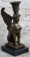 FABULOUS BRONZE ART EGYPTIAN REVIVAL SPHINX CANDLE HOLDER NUDE SCULPTURE GIFT picture