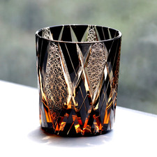 Black Edo Kiriko Whiskey Tumbler 9oz Cut-to-Clear Crystal Old Fashioned Glass picture