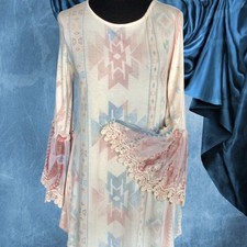 ORIGAMI Women’s (S) Boho Southwest Tunic Top Lace Bell Sleeve Ivory 20.99 picture