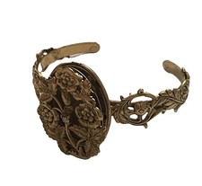 Vintage Brass Locket Necklace Signed Miss Ellie NYC - Clear Stone Flower Leaf picture