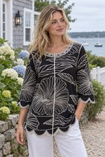 Chicos Black White Floral Embroidered Tunic Top Size 1 L Eyelet Scalloped Hem picture