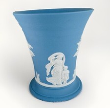 VTG 1978 Wedgwood Jasperware Blue Trumpet Vase 3.75” Classical Relief England picture