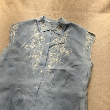 Vtg 50’s 60’s Powder Blue Rayon Linen Gabardine Eyelet Lace Sleeveless Blouse L picture