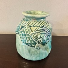 Studio Art Handmade Pottery drip glaze potbelly vessel, blue green teal 4.5”H picture