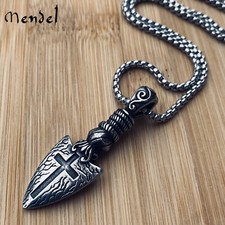 MENDEL Cool Stainless Steel Mens Gothic Arrow Cross Arrowhead Pendant Necklace picture