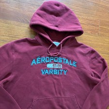 Aeropostale Y2K Varsity Embroidered Spellout Hoodie Maroon Pullover Sweatshirt picture