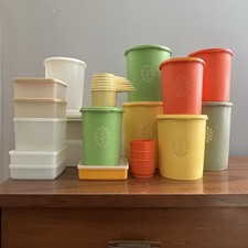 Vintage 33 pc Tupperware Green Yellow Orange Clear Canister Lids Measuring Cups picture