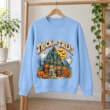 Trick Or Treat Halloween Sweatshirt Cute Teddy Bear Haunted House picture