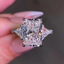 4CT Radiant Cut GRA Real Moissanite 14k Gold Plated Three Stone Engagement Ring picture