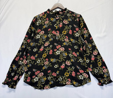 Loft Popover Blouse Top Womens XL Black Multi Floral Ruffle Trim Cuff & Neck picture