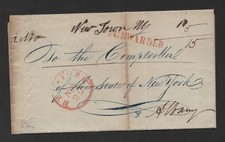 US 1845 STAMPLESS FOLDED COVER NEW TOWN NY TO ALBANY FORWARDED & RERATED picture