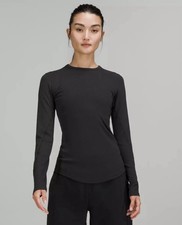 Lululemon Black Ribbed Long Sleeve Crew Neck Curved Hem Top XS picture