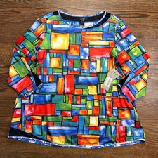 Ali Miles Women XL Tunic Top Multi Color Geometric Block Print Mesh Trim NWT picture