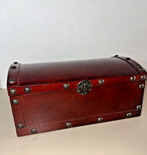 Vintage Wooden Trunk Jewelry Box Dome Top Treasure Chest Keepsake Mirror Cherry picture