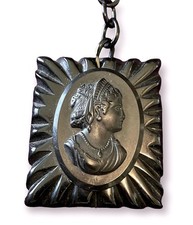 Victorian Black Celluloid Mourning Cameo Pendant & Plastic Chain Necklace picture