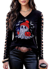 Bling Halloween Party Baby Ghost, Women's Tops Rhinestone Shirt Ripped Cut Out picture