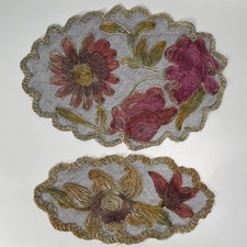 Antique Edwardian Floral Cord Soutache Embroidery Net Mats Pair Circa 1900 picture