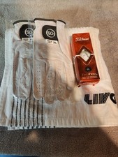 LIV Towel, 1 sleeve Titleist balls, 2 LH leather XL Gloves picture