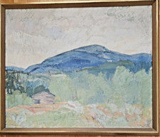 LARGE MID CENTURY SCANDINAVIAN MODERNIST OIL PAINTING MOUNTAIN LANDSCAPE SIGNED picture