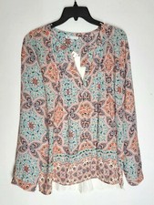 NWT DR 2 Women's Tunic Pearl Buttons Up Ruffles Hem Roll Tap Long Sleeve Size L picture