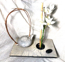 RAKU,IKEBANA,Dina Angel-Wing,handmade ceramic 14x7x2 base,teapot,frog,rocks, Exc picture