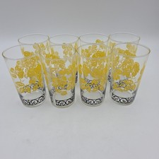 Floral Tumblers Glasses 12 oz Set of 8 Yellow and Black Vintage Federal Glass picture
