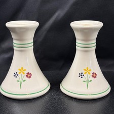 Vintage Hand Painted Ceramic Candlestick Pair Signed Studio Pottery Floral Decor picture