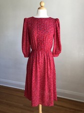 ADORABLE VTG CHRISTOPHER JAMES Red w/ Purple Flowers Silky Puff Sleeve Dress 5/6 picture