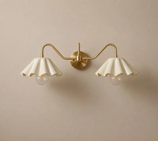 Mid Century Modern Double Wall Sconce with Cream Scalloped Shades, Vintage Bathr picture
