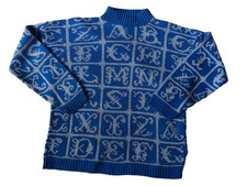 Vintage Adele Knitwear Sweater Blue Silver Alphabet Teacher Sweater 80s 90s Med picture