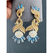 Vintage Trifari  Earrings Thistle Blue Gold Tone Signed Rhinestone Clip On picture