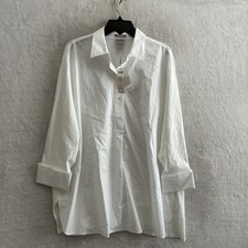 Chico's Womans Blouse Top White Solid Large 2 Cotton Blend Long Sleeve Collared  picture