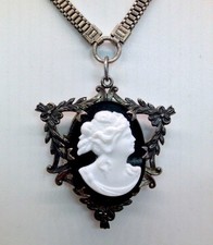 Victorian 925 Sterling French Jet & Milk Glass Mourning Cameo Locket Necklace picture