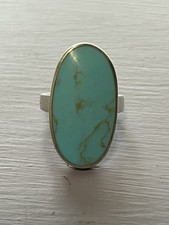 VINTAGE 925 STERLING SILVER LARGE OVAL TURQUOISE GEMSTONE RING - RING SIZE 7 picture